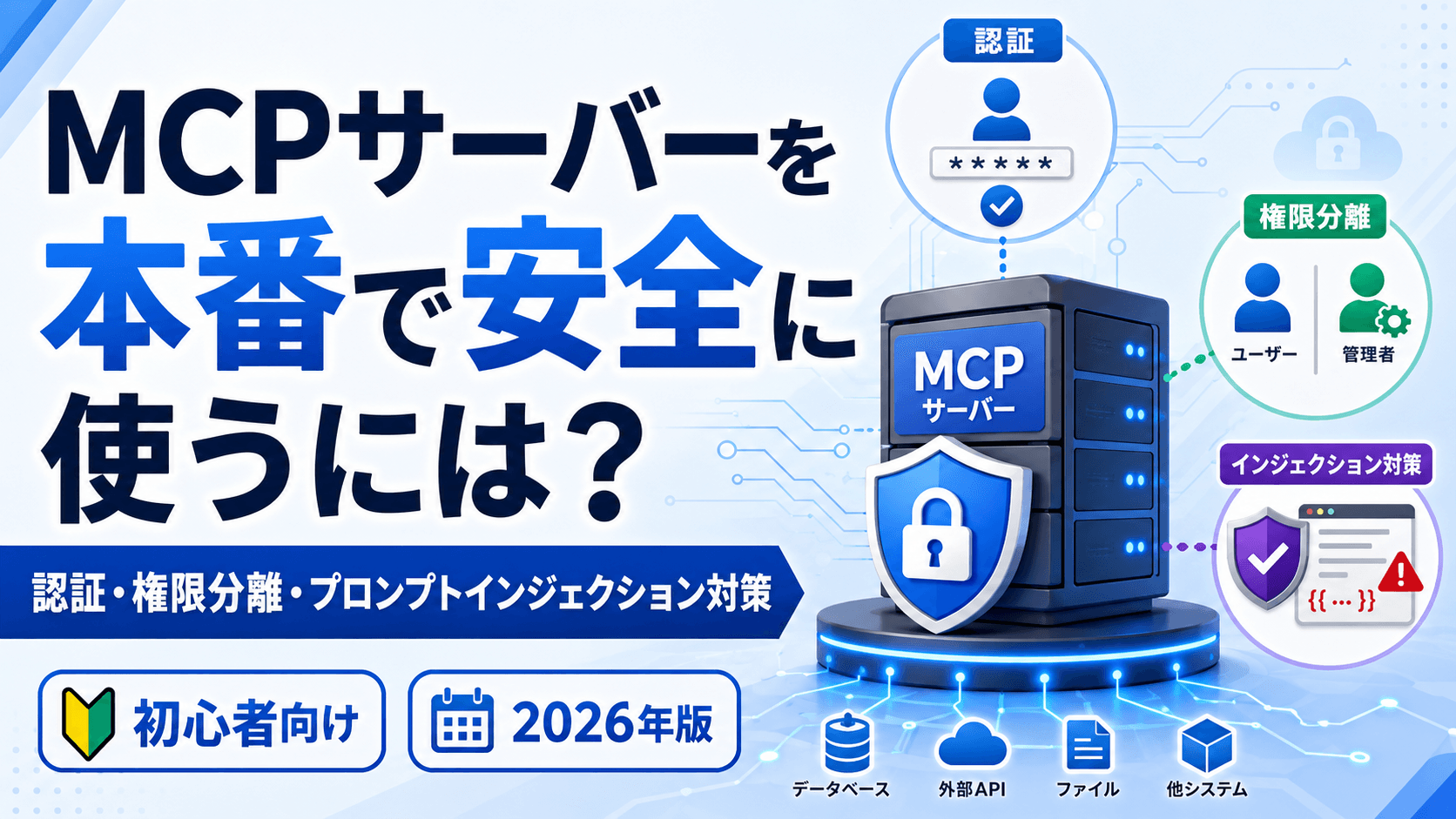 MCPサーバーのセキュリティ設計を示す図解。クライアント・MCPサーバー・ツール間の接続と認証フローを表したアーキテクチャ図。2026年版。