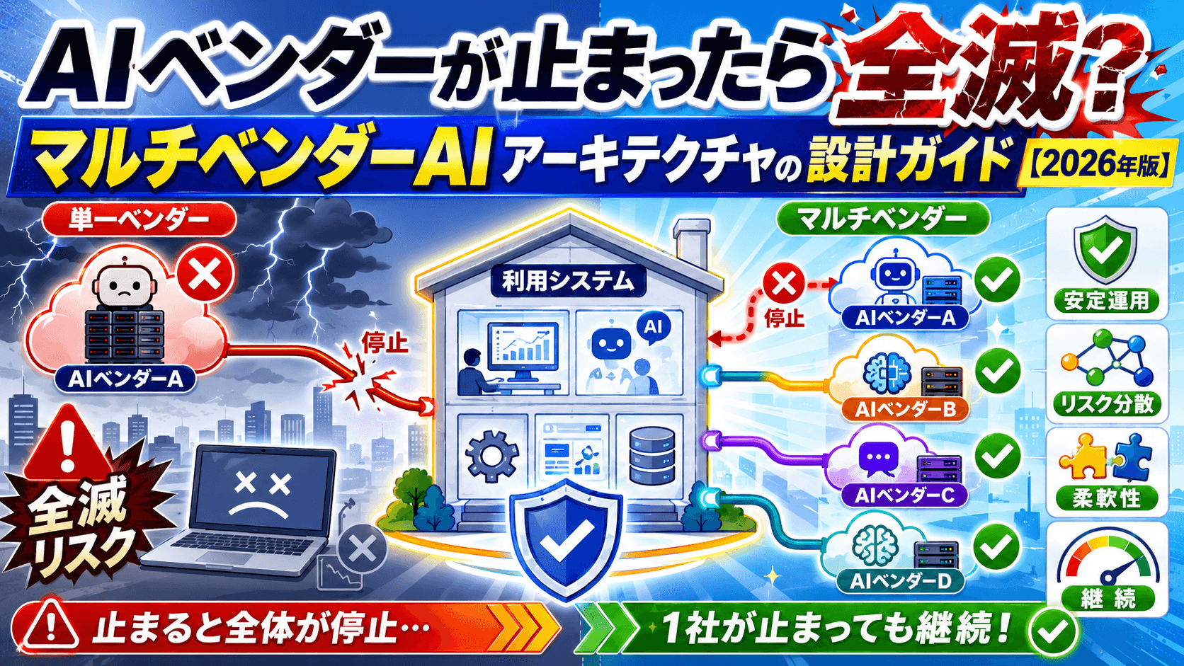 複数のAIサービス(OpenAI・AWS・Azure・Google)が一つのシステムに統合されているアーキテクチャ図のイメージ。マルチベンダーAI設計の概念を示す。